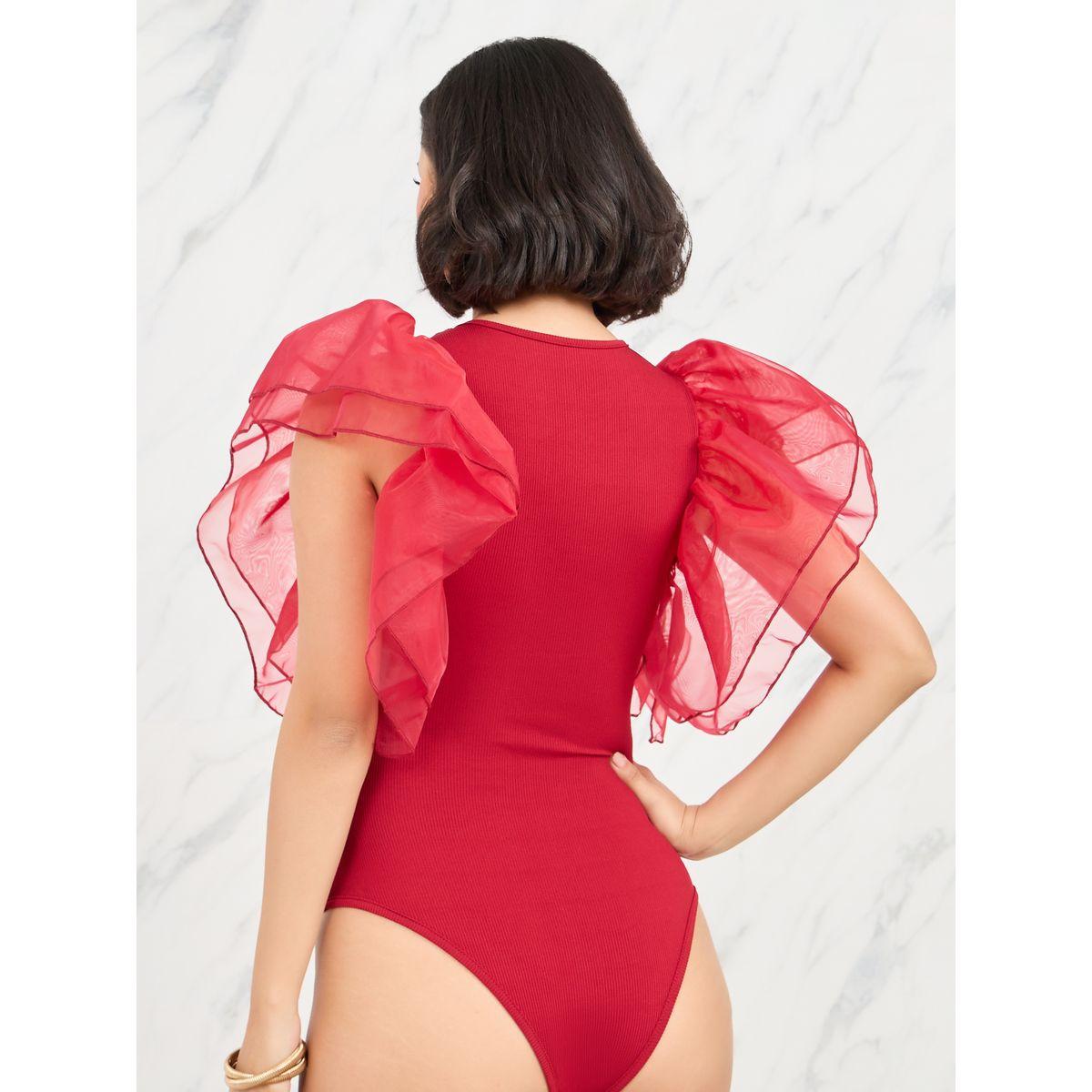 Styli Organza Ruffle Sleeves Solid Bodysuit-women-clothing-tshirts-image-5