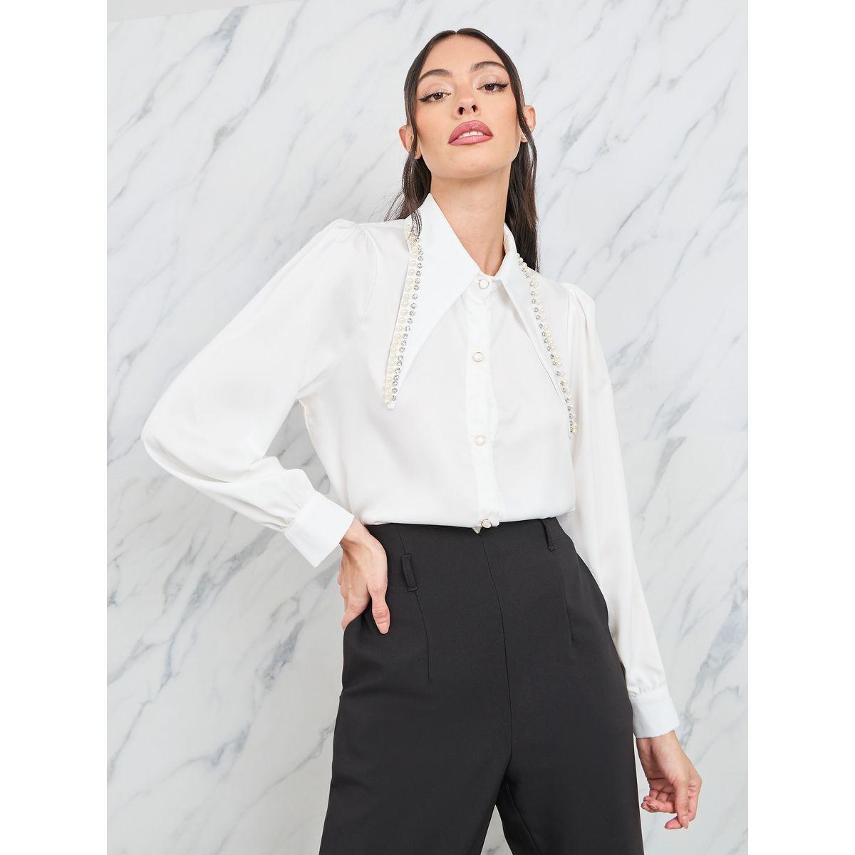 Styli Sequin Collar Detail Button Up Solid Shirt-women-clothing-shirtsandblouses-shirts-image-1