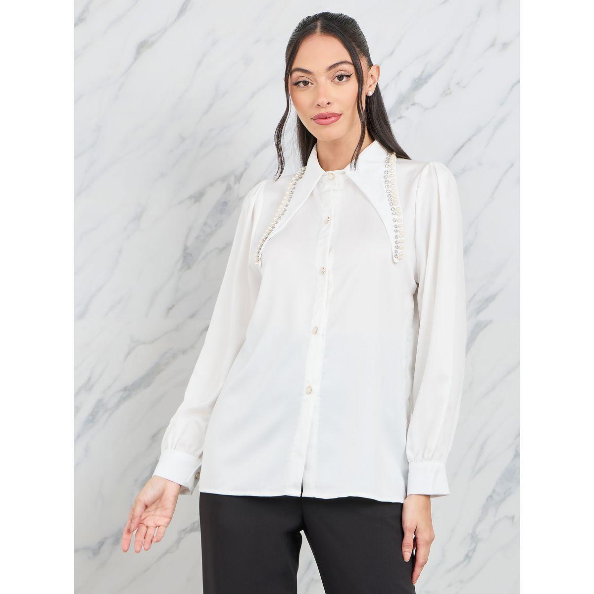 Styli Sequin Collar Detail Button Up Solid Shirt-women-clothing-shirtsandblouses-shirts-image-3