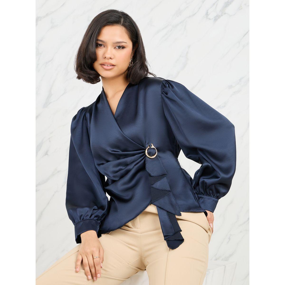 Styli Satin Pleated Buckle Detail Top-women-clothing-shirtsandblouses-blouses-image-1
