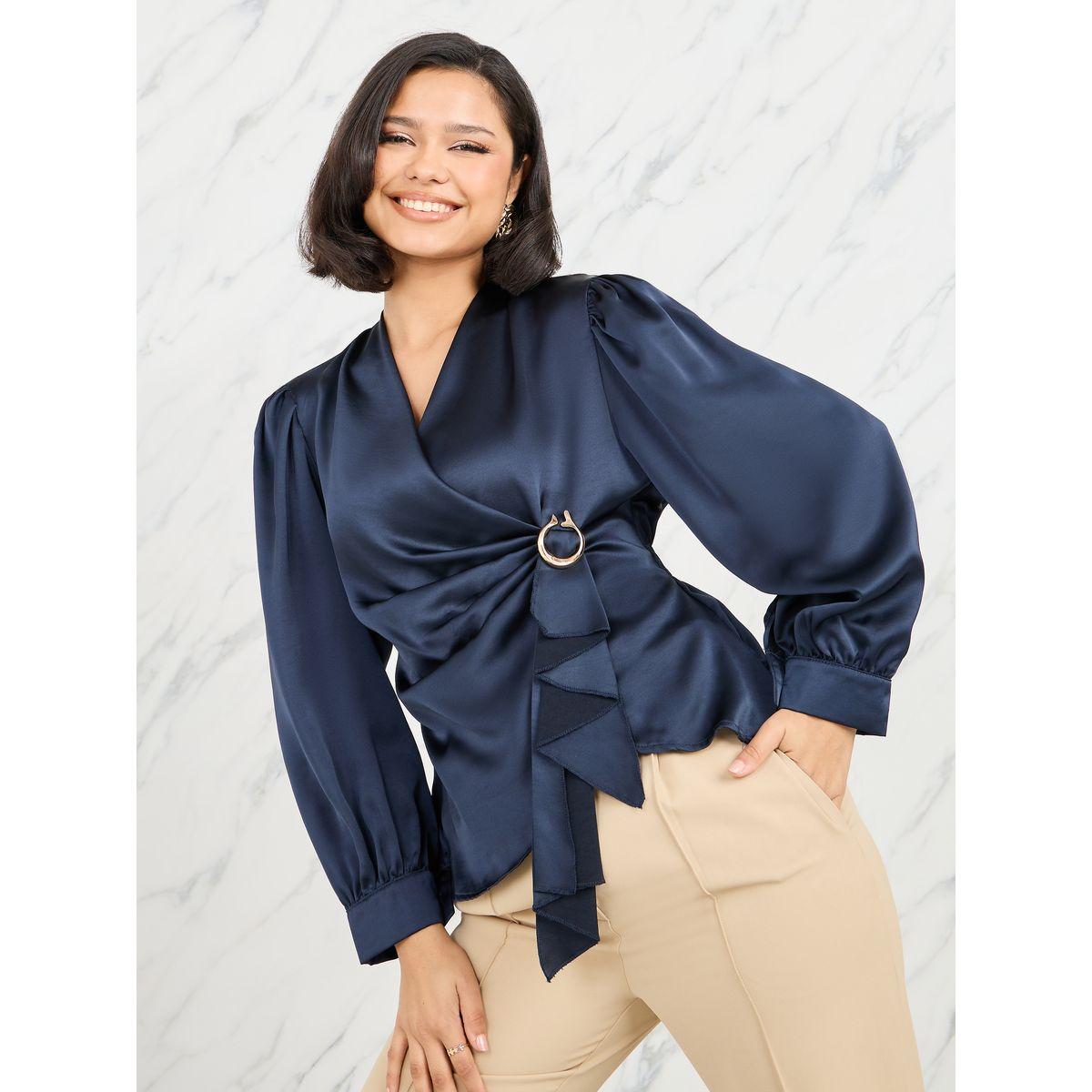 Styli Satin Pleated Buckle Detail Top-women-clothing-shirtsandblouses-blouses-image-3