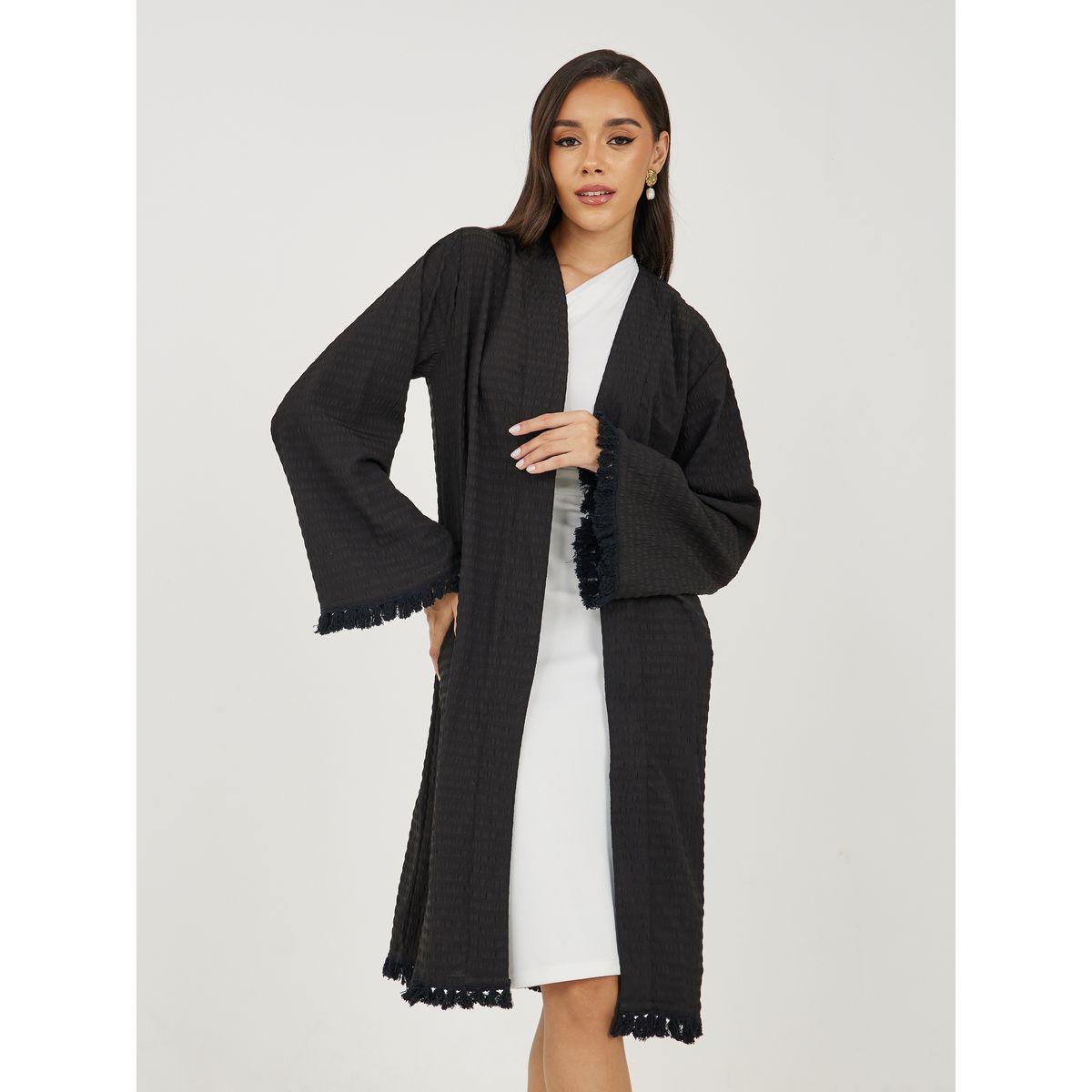 Styli Textured Knee Length Kimono with Fringe Detail-women-clothing-shirtsandblouses-shirts-image-1