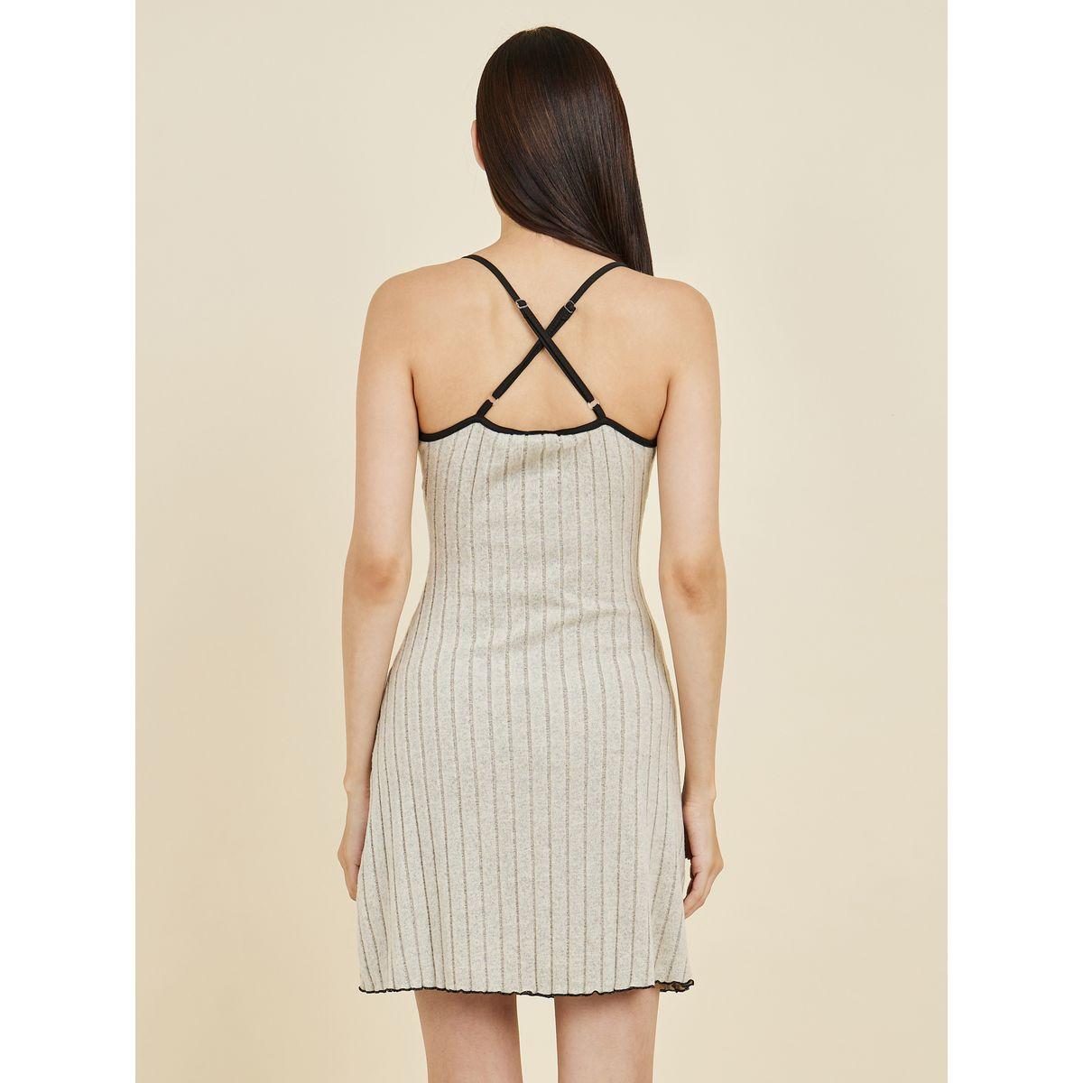 Styli Unwind Contrast Lace Trim Neck Ribbed Slip Dress with Back Cross Stap-women-clothing-nightwear-nighties-image-4