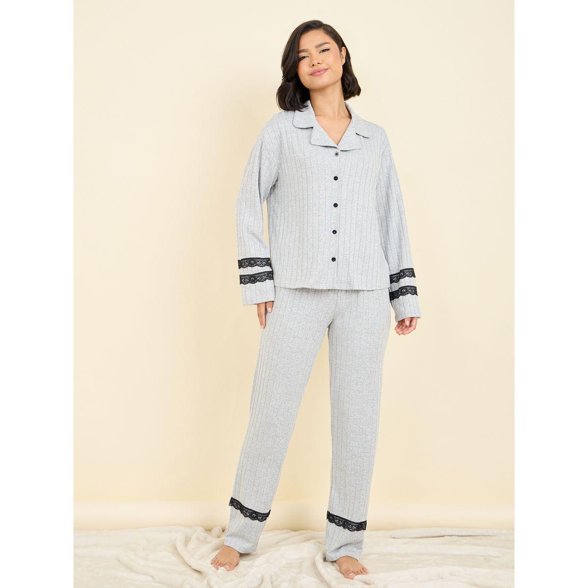 Styli Unwind Lace Insert Ribbed Shirt and Pyjama Set-women-clothing-nightwear-pyjamas-longsets-image-1