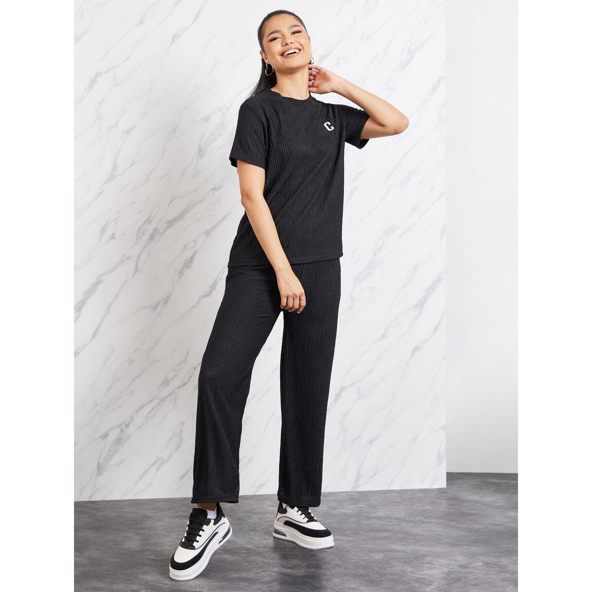 Styli Crepe Textured Letter Patch Embroidery T-Shirt & Pants Co-Ord-women-clothing-coordsets-image-1