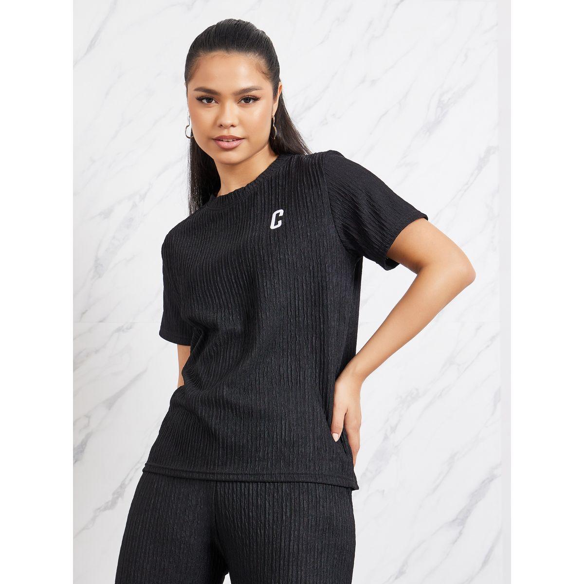 Styli Crepe Textured Letter Patch Embroidery T-Shirt & Pants Co-Ord-women-clothing-coordsets-image-2