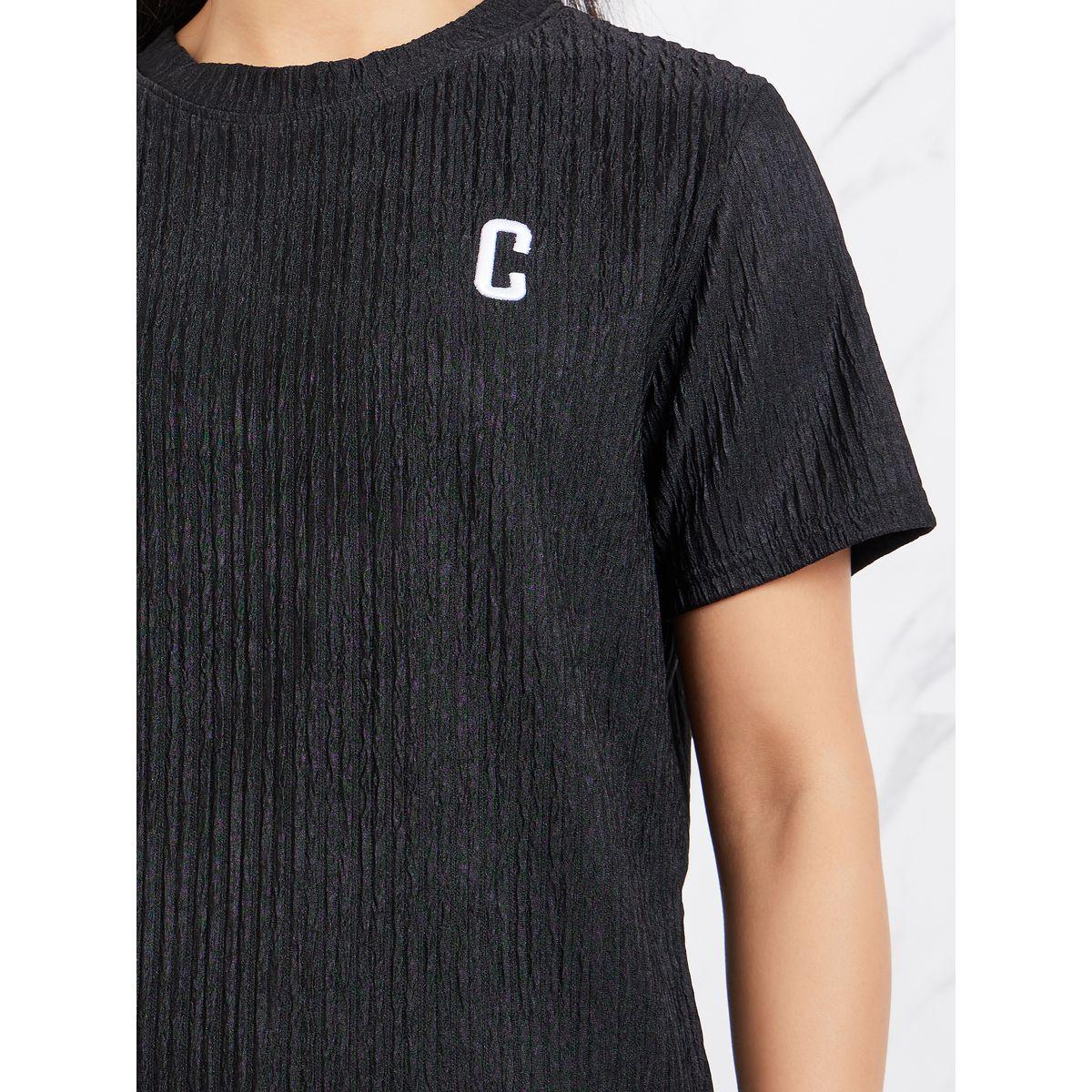 Styli Crepe Textured Letter Patch Embroidery T-Shirt & Pants Co-Ord-women-clothing-coordsets-image-3