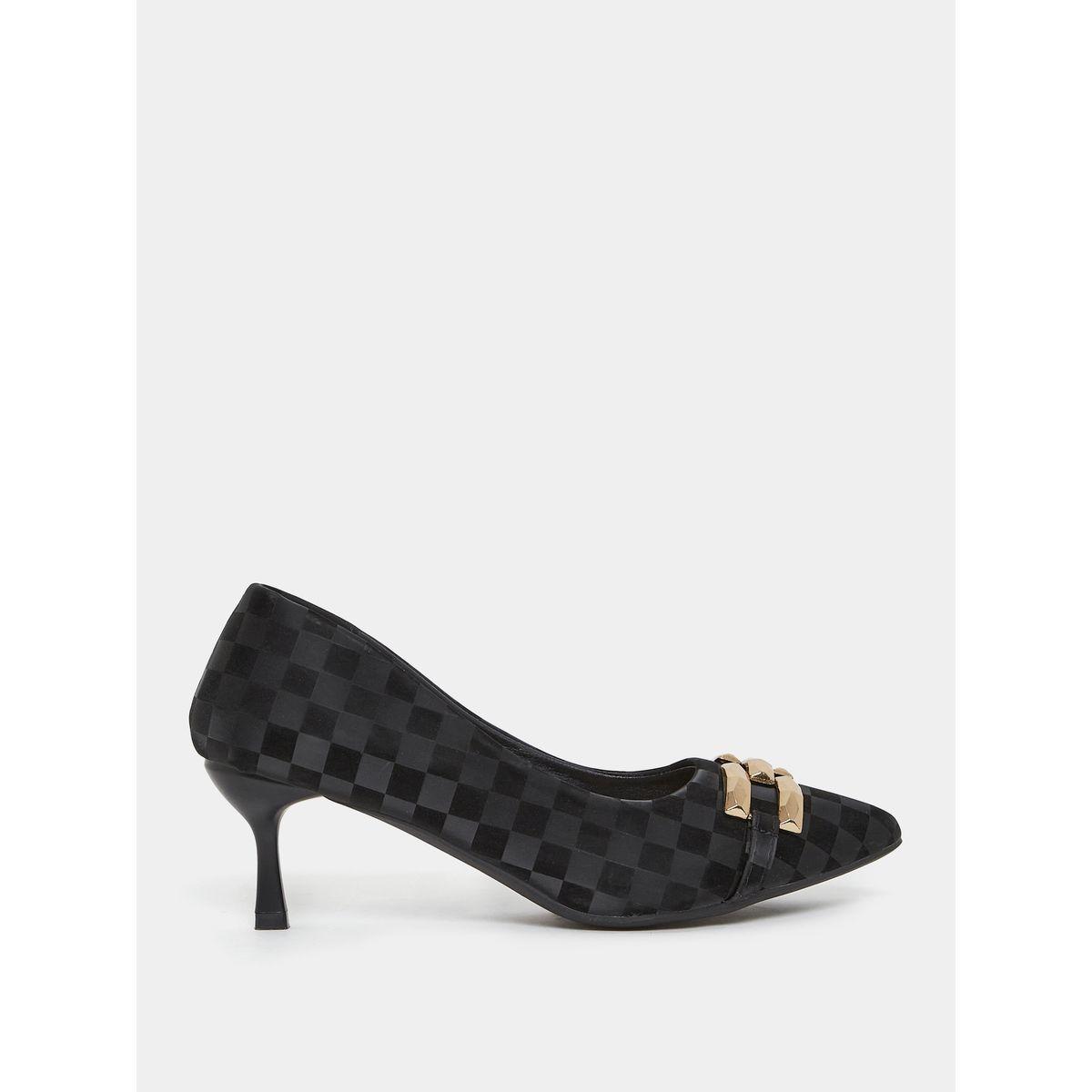 Styli Checked Metal Accent Slip On Kitten Heel Sandals-women-shoes-heels-image-2