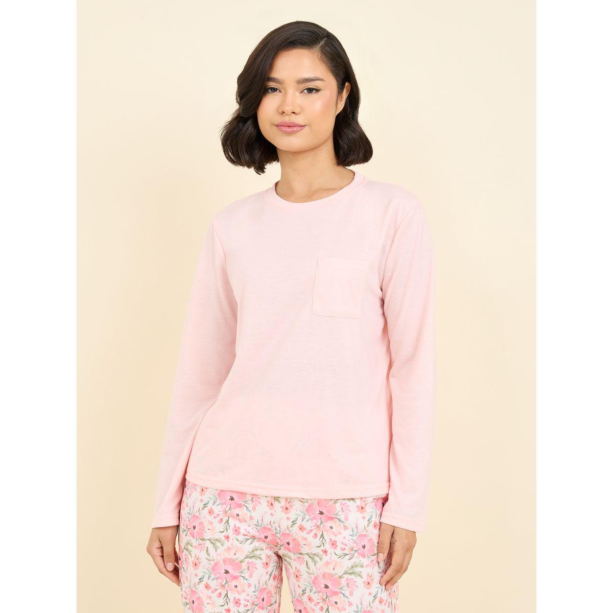 Styli Unwind Solid Pocket Detail T-shirt and Floral Print Pyjama Set-women-clothing-nightwear-pyjamas-longsets-image-2
