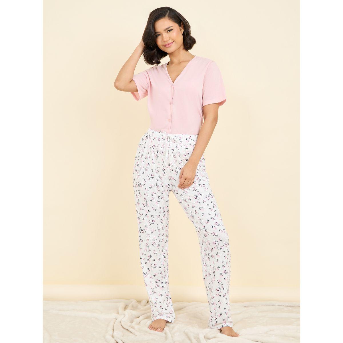 Styli Unwind Solid Button Through Shirt and Floral Ditsy Print Pyjama Set-women-clothing-nightwear-pyjamas-longsets-image-2