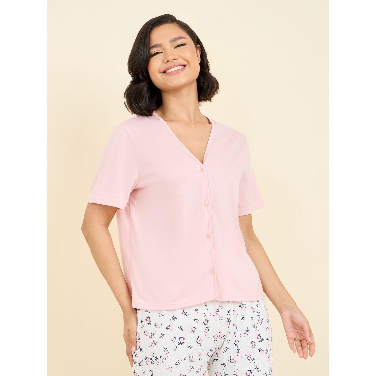 طقم من بنطال بيجاما مع بلوزة سادة بازرار غلق-women-clothing-nightwear-pyjamas-longsets-image-3
