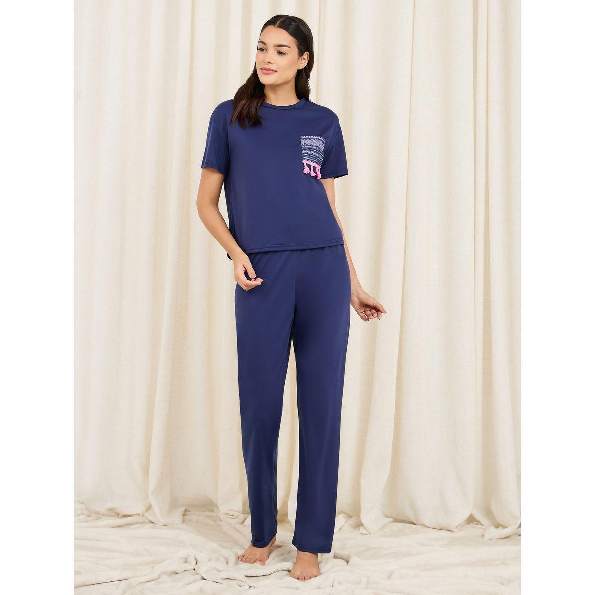 Styli Unwind Tassel Detail Aztec Pocket Print Drop Shoulder T-Shirt and Pyjama Set-women-clothing-nightwear-pyjamas-longsets-image-1