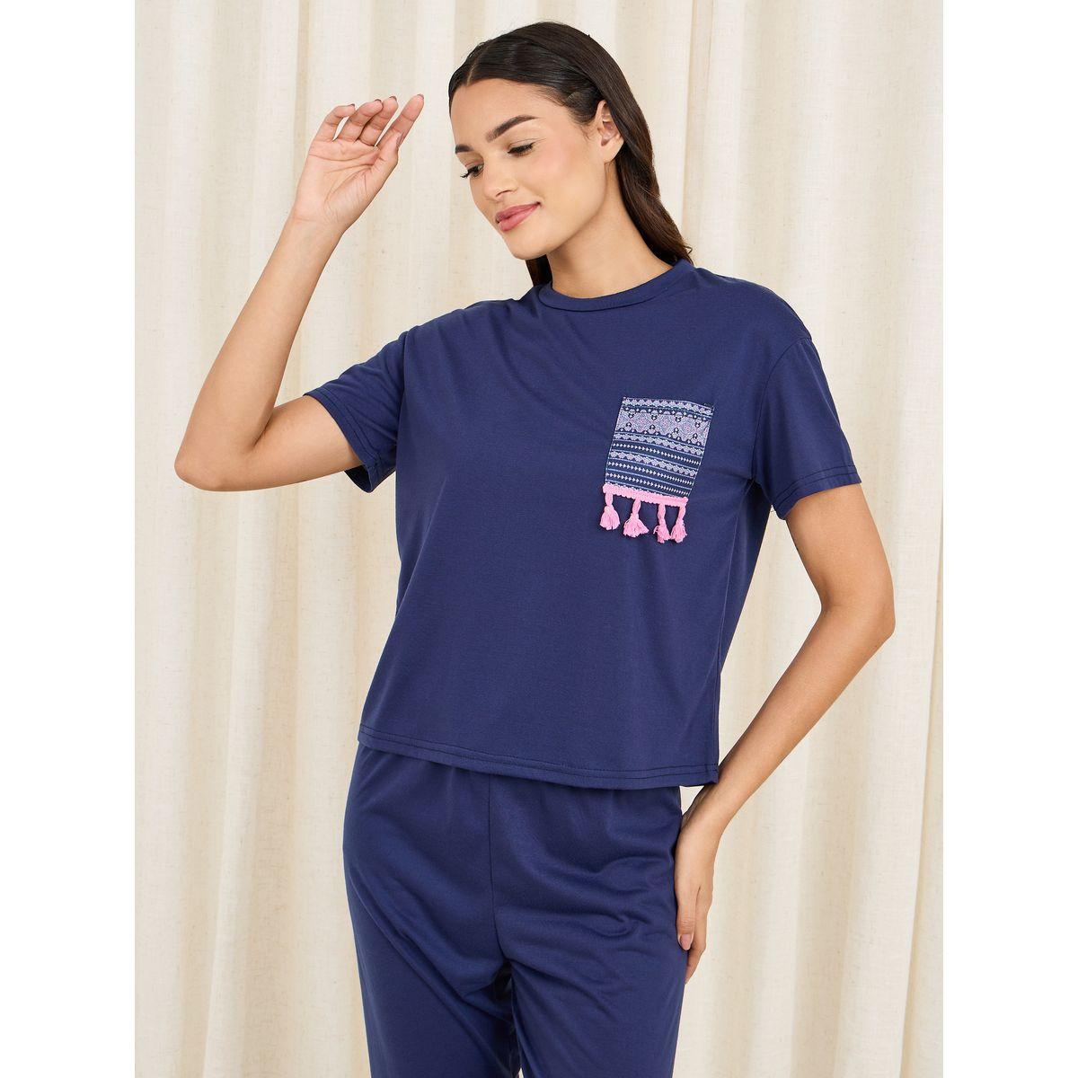 Styli Unwind Tassel Detail Aztec Pocket Print Drop Shoulder T-Shirt and Pyjama Set-women-clothing-nightwear-pyjamas-longsets-image-2