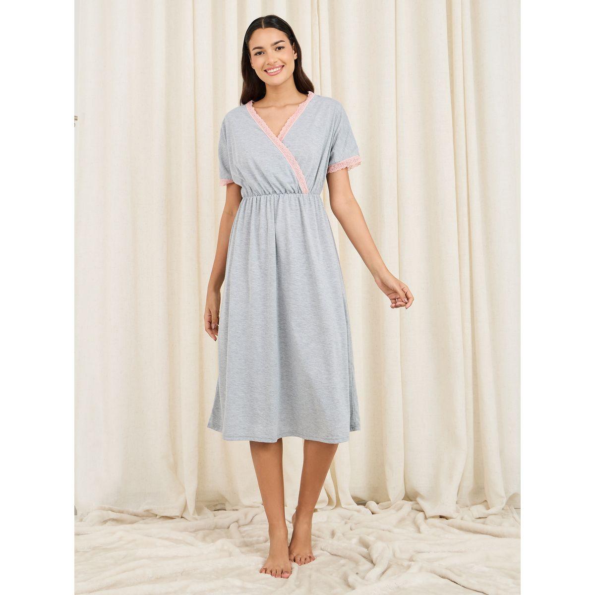 قميص نوم بنسيج ميلانج ونمط لف مع دانتيل-women-clothing-nightwear-nighties-image-2