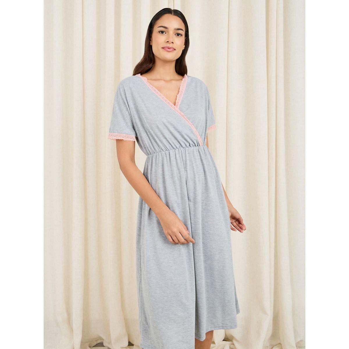 قميص نوم بنسيج ميلانج ونمط لف مع دانتيل-women-clothing-nightwear-nighties-image-3