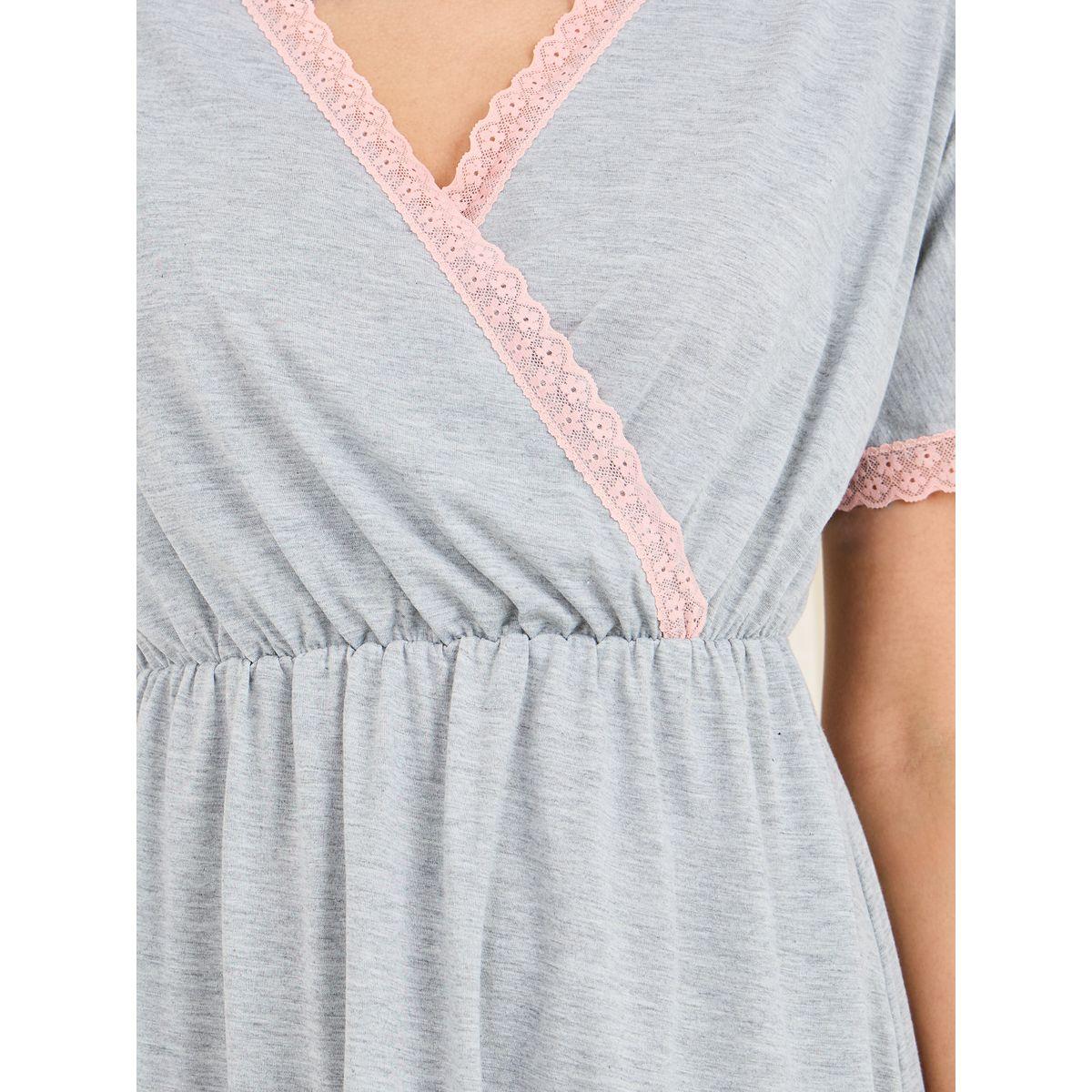 قميص نوم بنسيج ميلانج ونمط لف مع دانتيل-women-clothing-nightwear-nighties-image-4