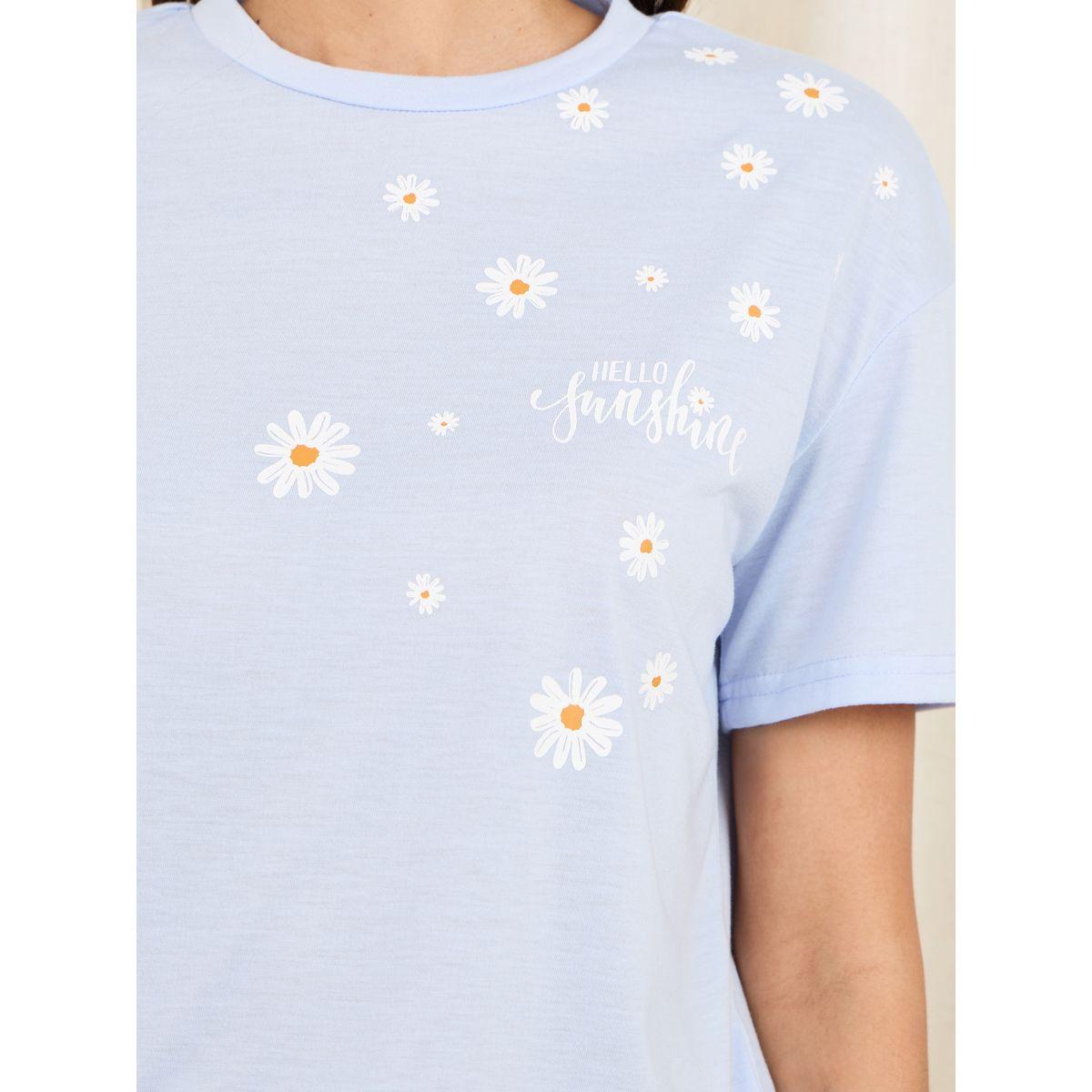 Styli Unwind Daisy Print Drop Shoulder T-Shirt and Melange Pyjama Set-women-clothing-nightwear-pyjamas-longsets-image-4