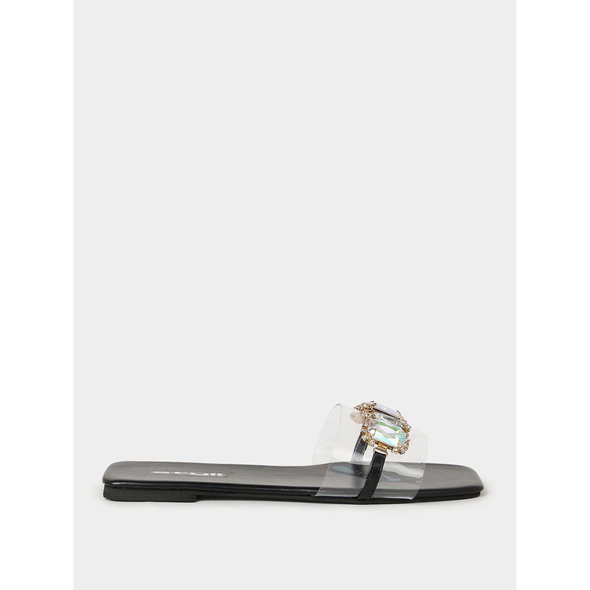Styli Embellished Trim Slip On Flat Sandals-women-shoes-sandals-flats-image-2