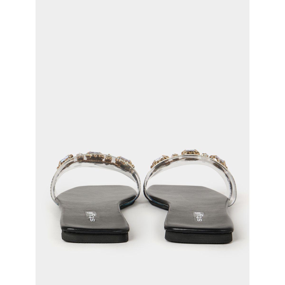 Styli Embellished Trim Slip On Flat Sandals-women-shoes-sandals-flats-image-5