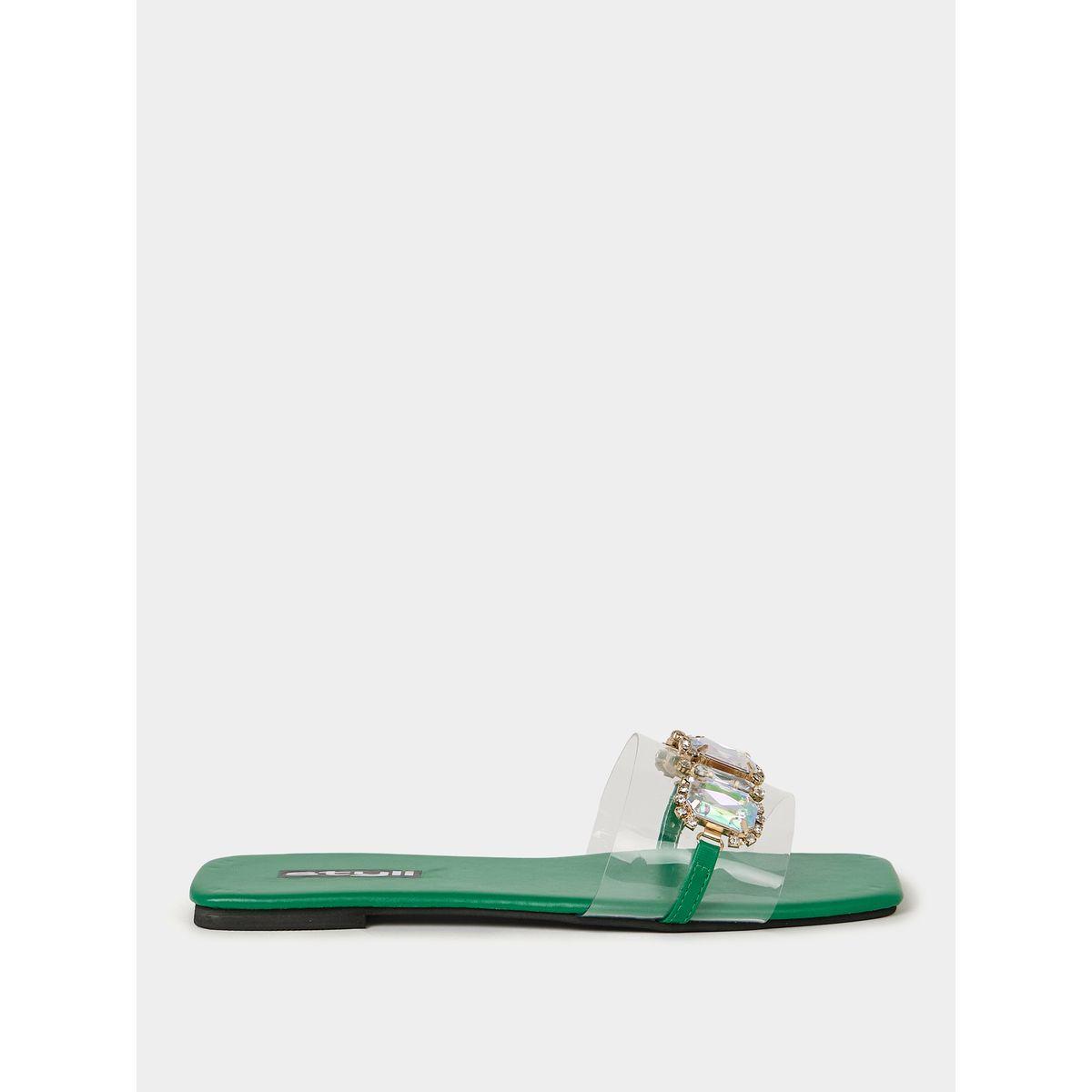 Styli Embellished Trim Slip On Flat Sandals-women-shoes-sandals-flats-image-2