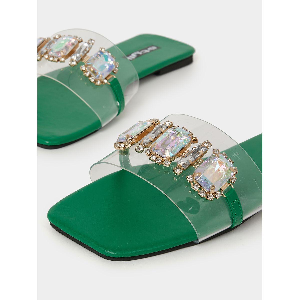 Styli Embellished Trim Slip On Flat Sandals-women-shoes-sandals-flats-image-4