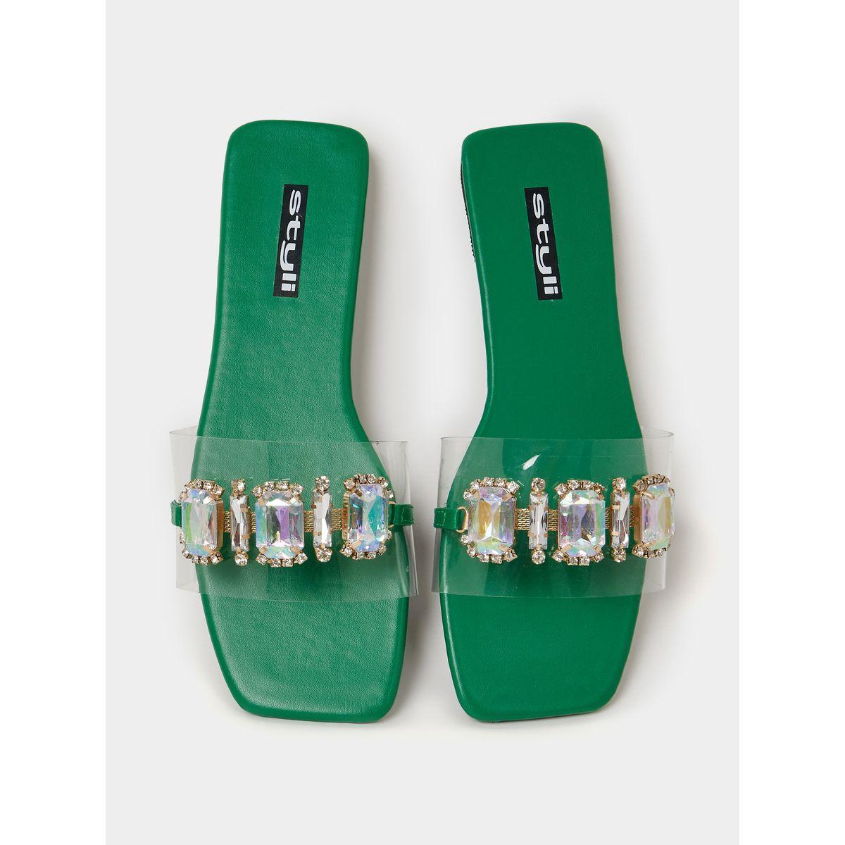 Styli Embellished Trim Slip On Flat Sandals-women-shoes-sandals-flats-image-5