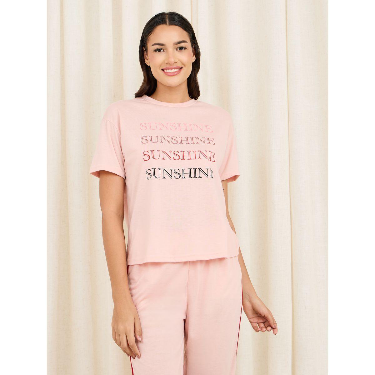 Styli Unwind Sunshine Slogan Print Drop Shoulder T-Shirt and Side Striped Cuff Pyjama Set-women-clothing-nightwear-pyjamas-longsets-image-2