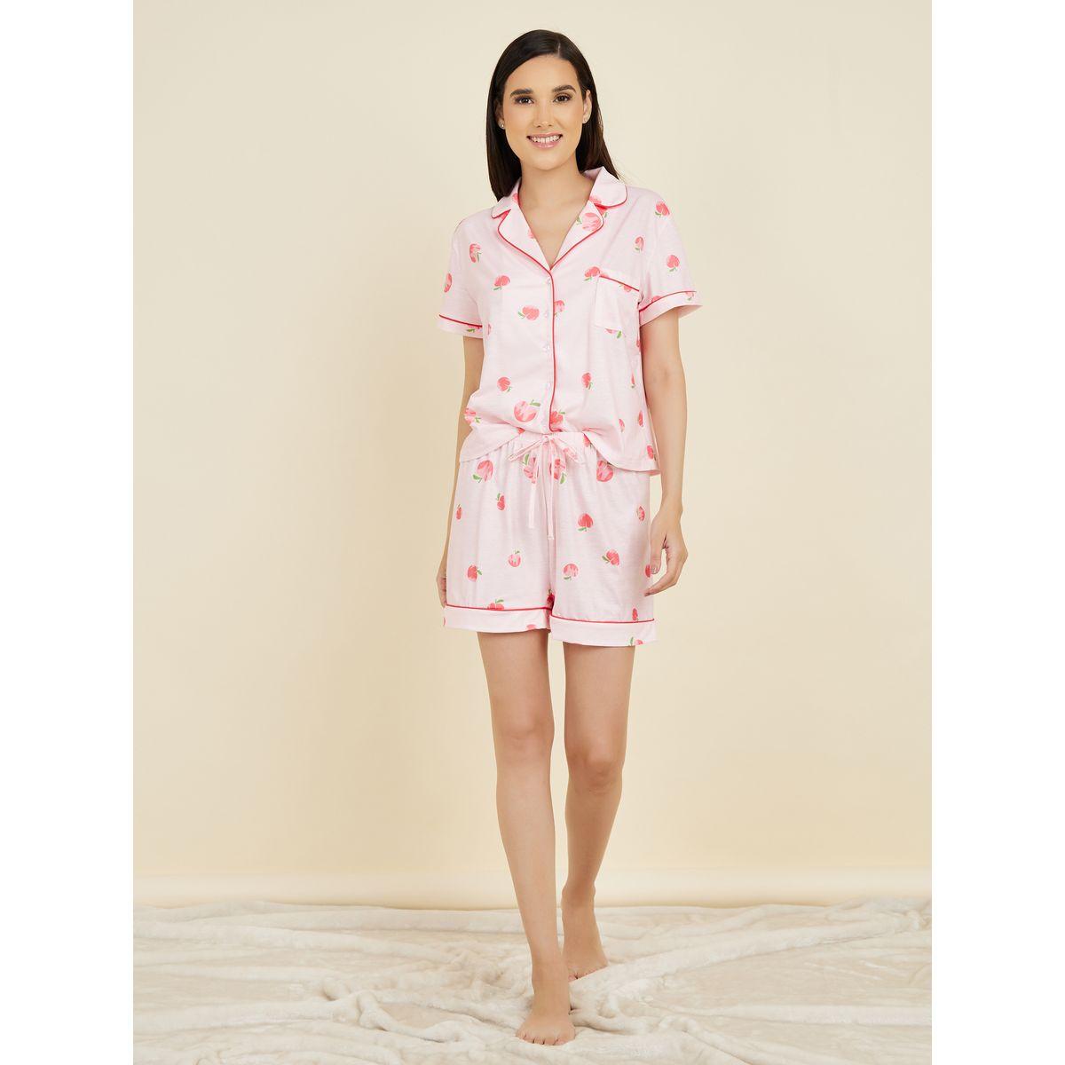 Styli Unwind Peach AOP Piped Detail Shirt and Short Set-women-clothing-nightwear-pyjamas-shortsets-image-1