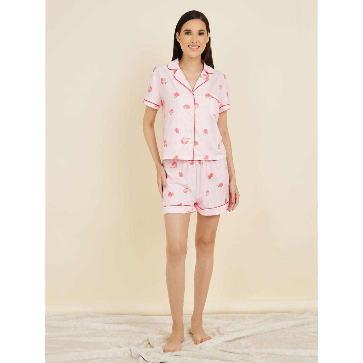 Styli Unwind Peach AOP Piped Detail Shirt and Short Set-women-clothing-nightwear-pyjamas-shortsets-image-2