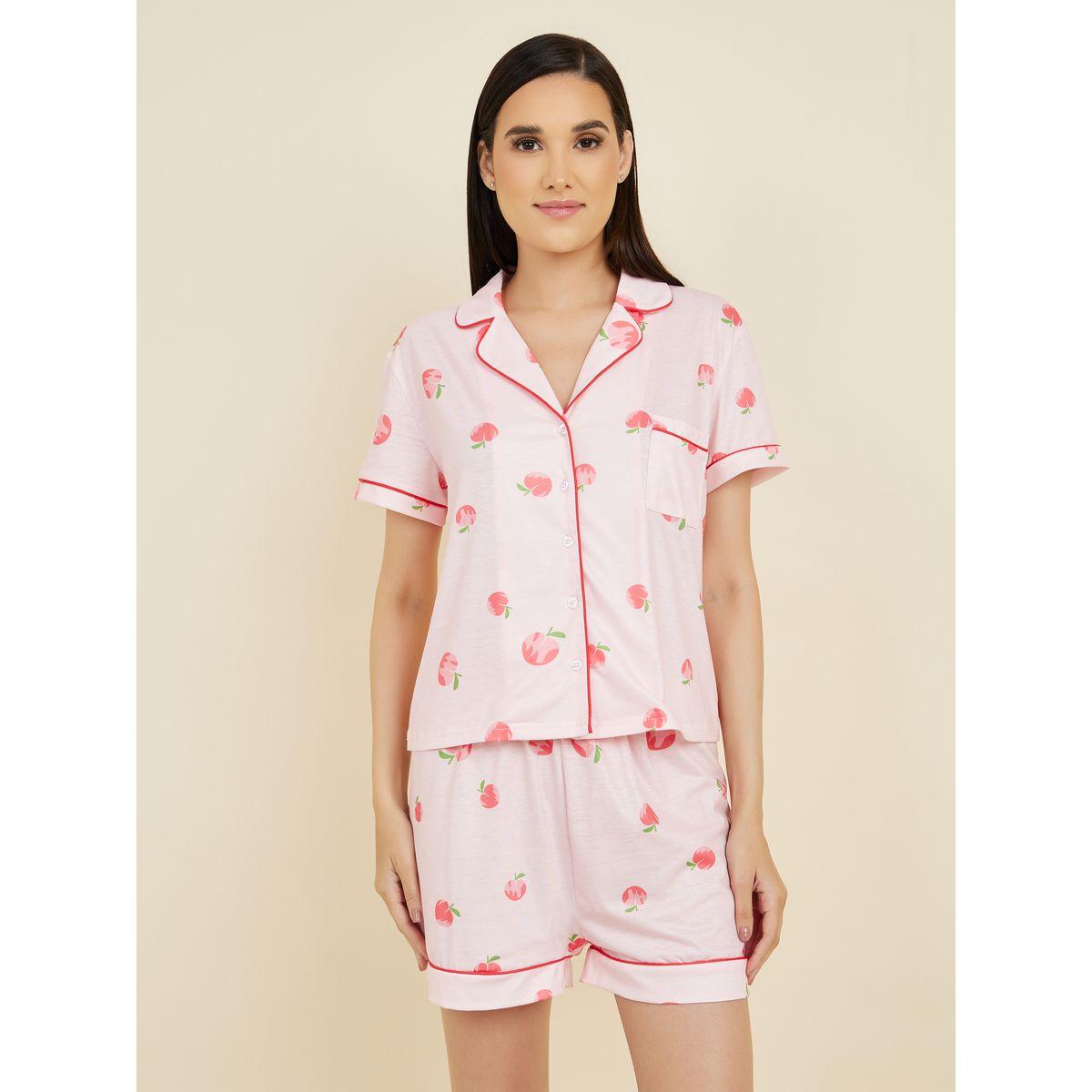 Styli Unwind Peach AOP Piped Detail Shirt and Short Set-women-clothing-nightwear-pyjamas-shortsets-image-3