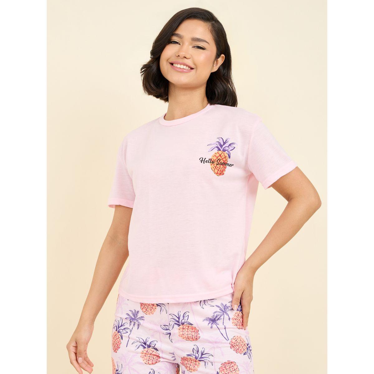 Styli Unwind Pineapple Graphic Print Drop Shoulder T-shirt and Short Set-women-clothing-nightwear-pyjamas-shortsets-image-3