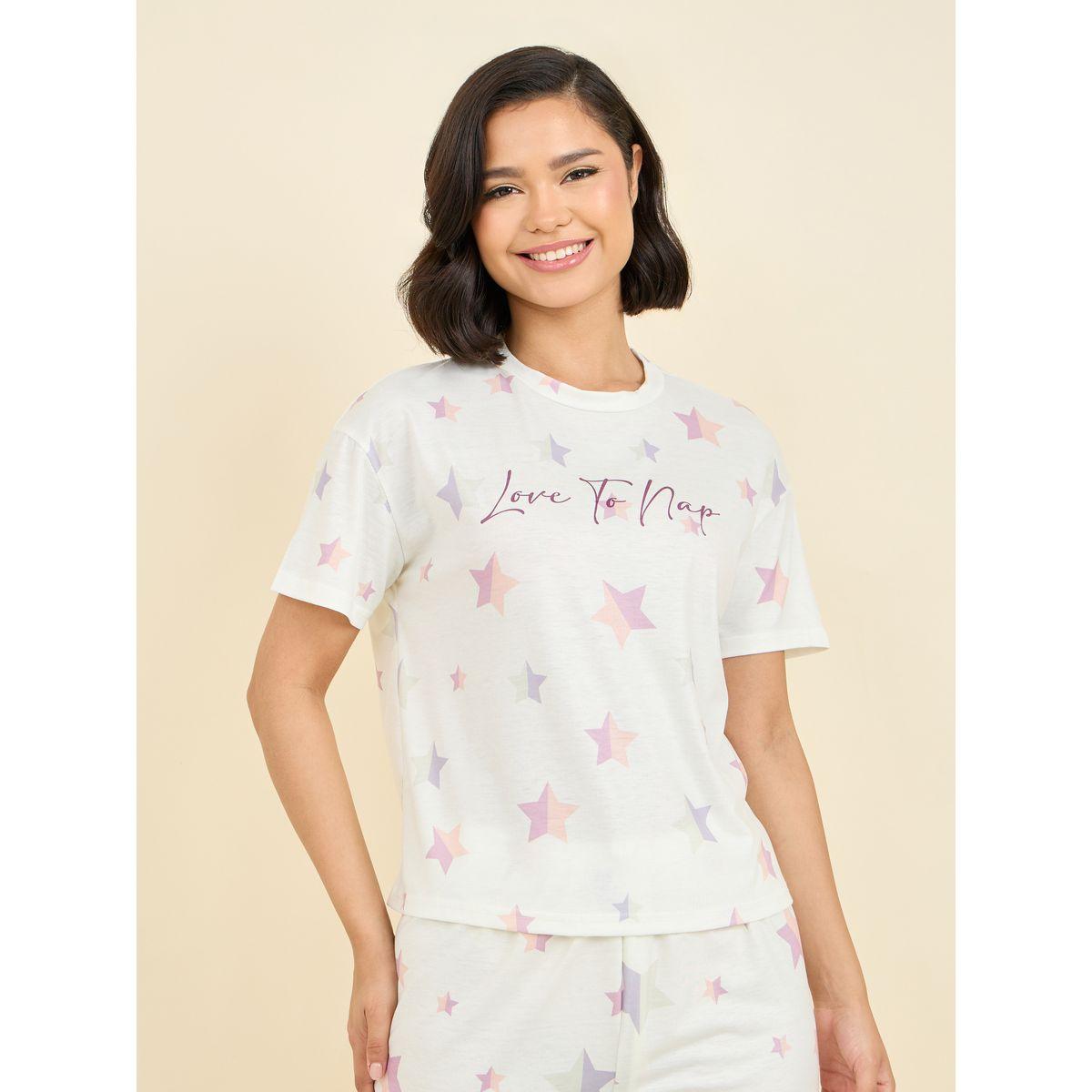 مجموعة من شورت وتيشيرت مطبع بطبعات نجوم-women-clothing-nightwear-pyjamas-shortsets-image-3