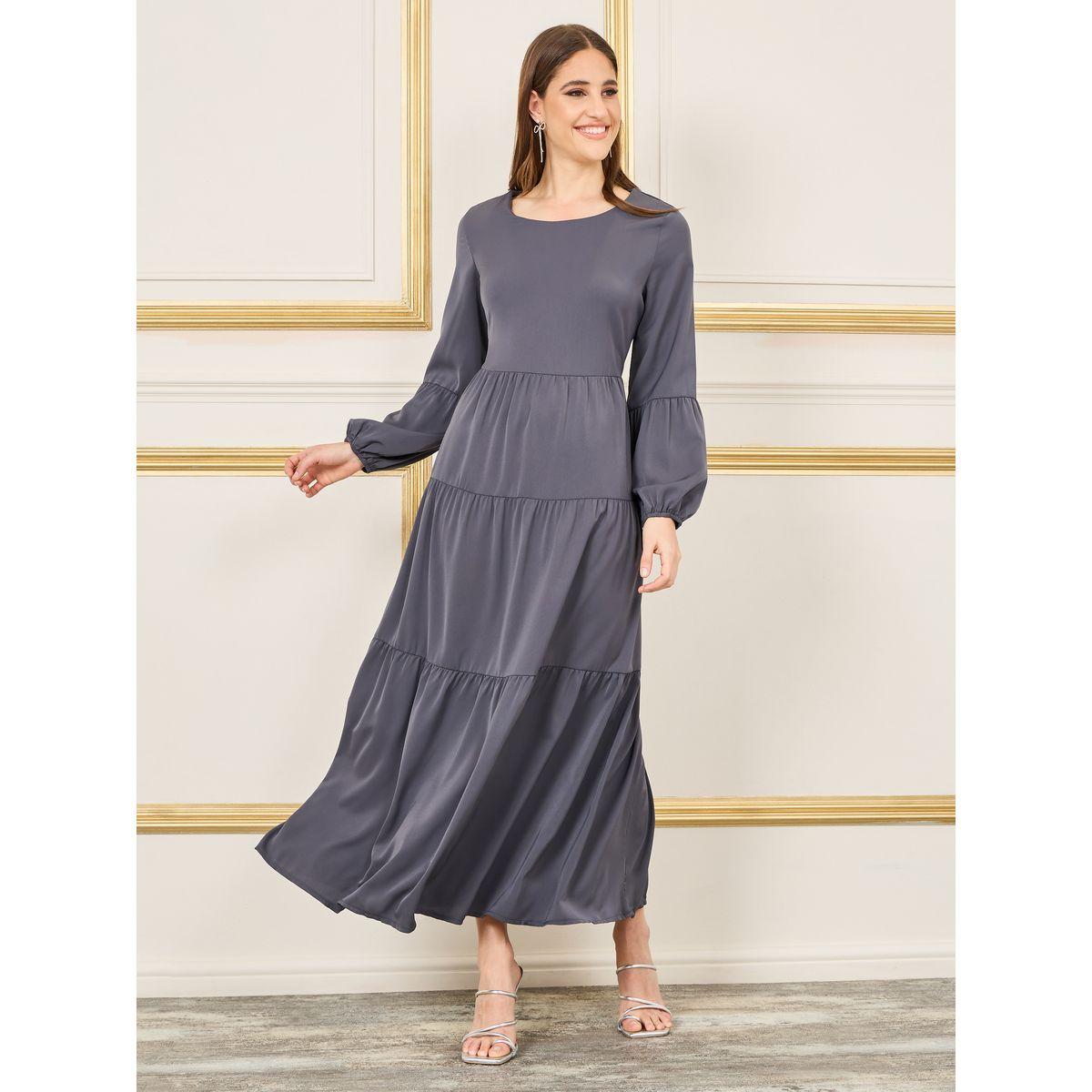فستان طويل سادة بكسرات واكمام طويلة-women-clothing-dresses-image-4