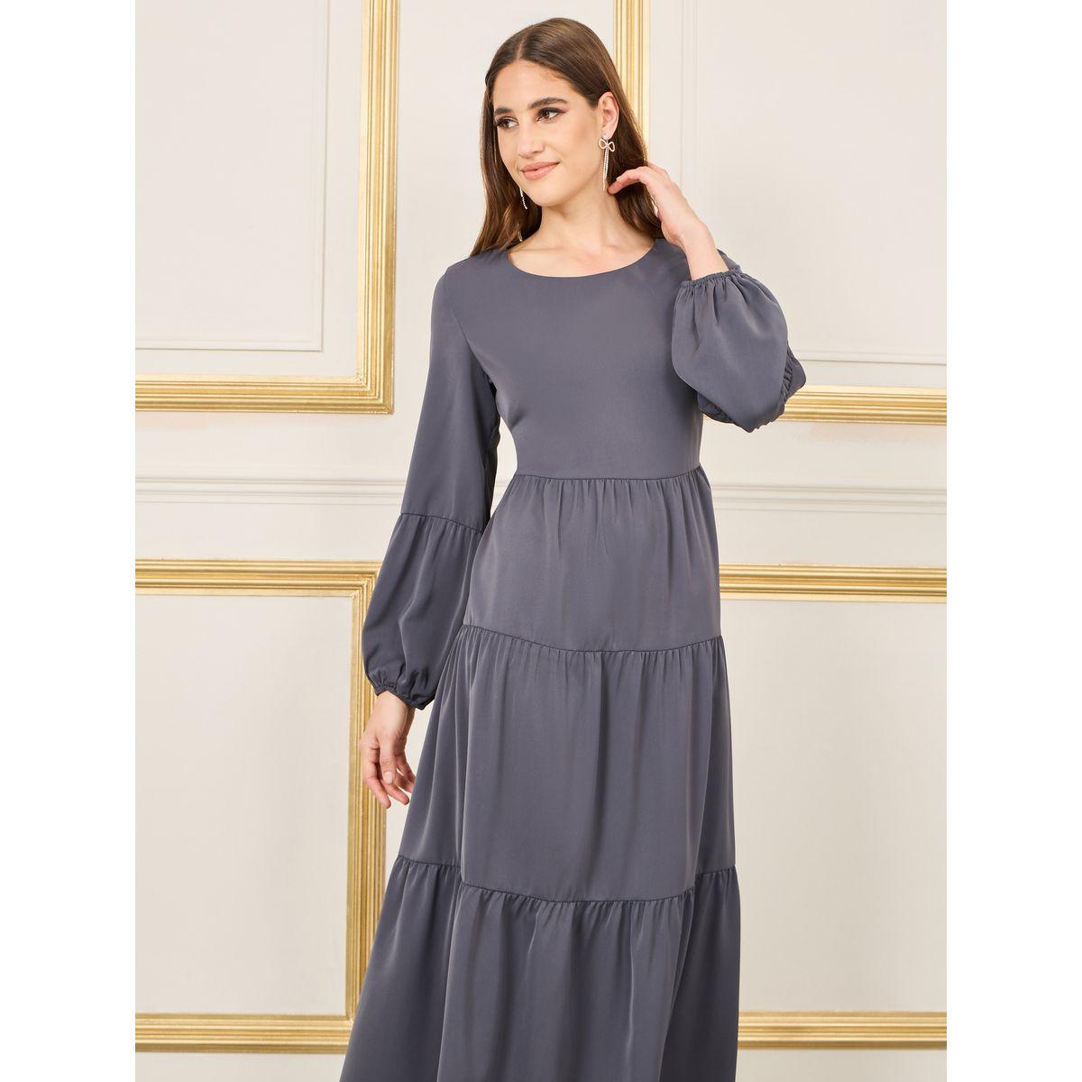 فستان طويل سادة بكسرات واكمام طويلة-women-clothing-dresses-image-3