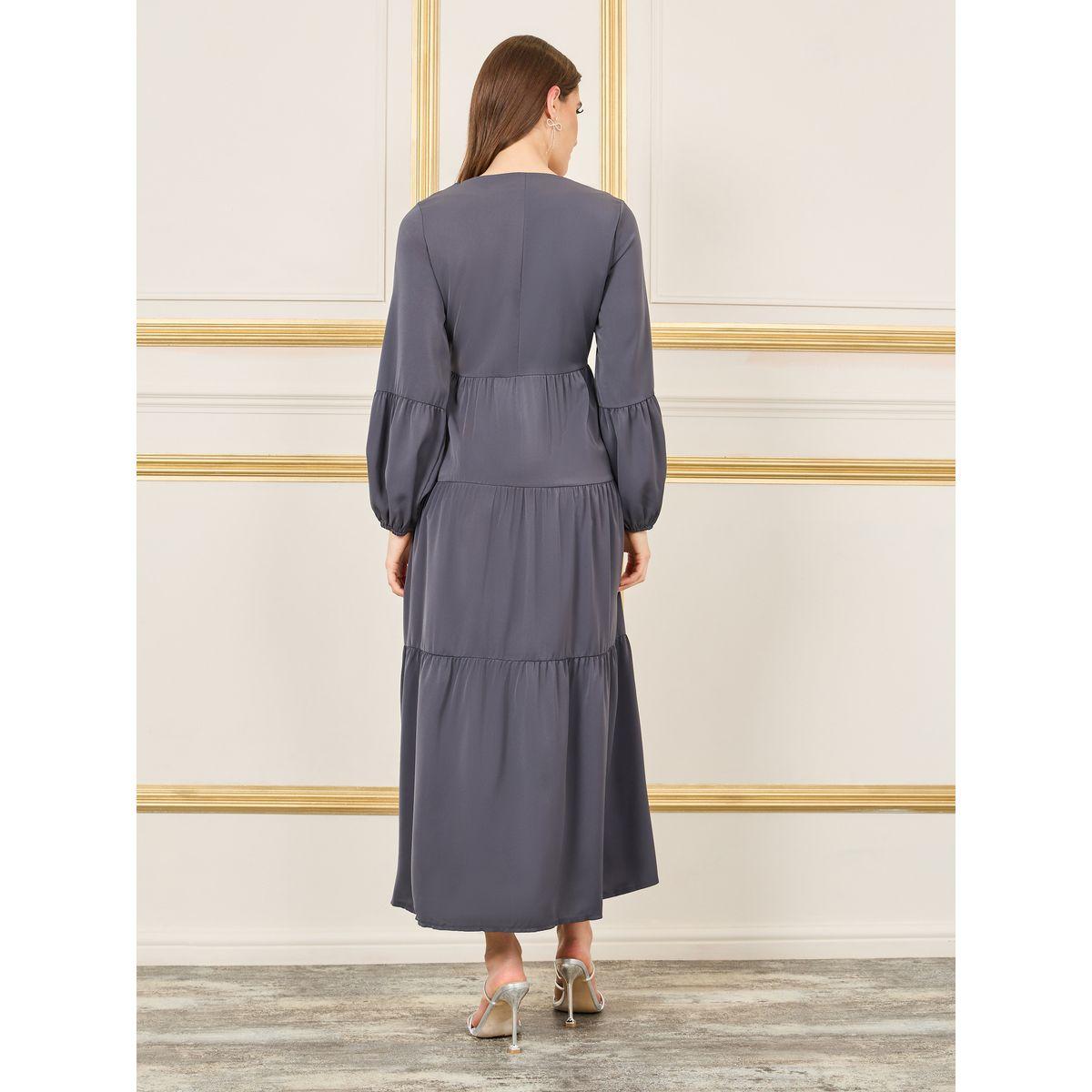 فستان طويل سادة بكسرات واكمام طويلة-women-clothing-dresses-image-1