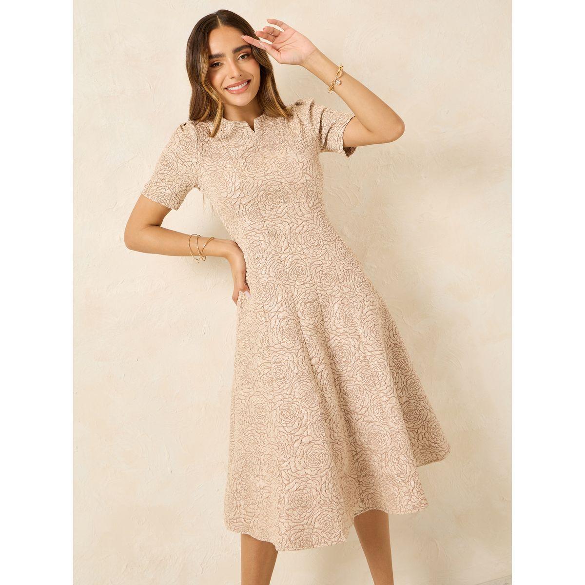فستان ميدي بنسيج جاكار مع ياقة بشق-women-clothing-dresses-image-2