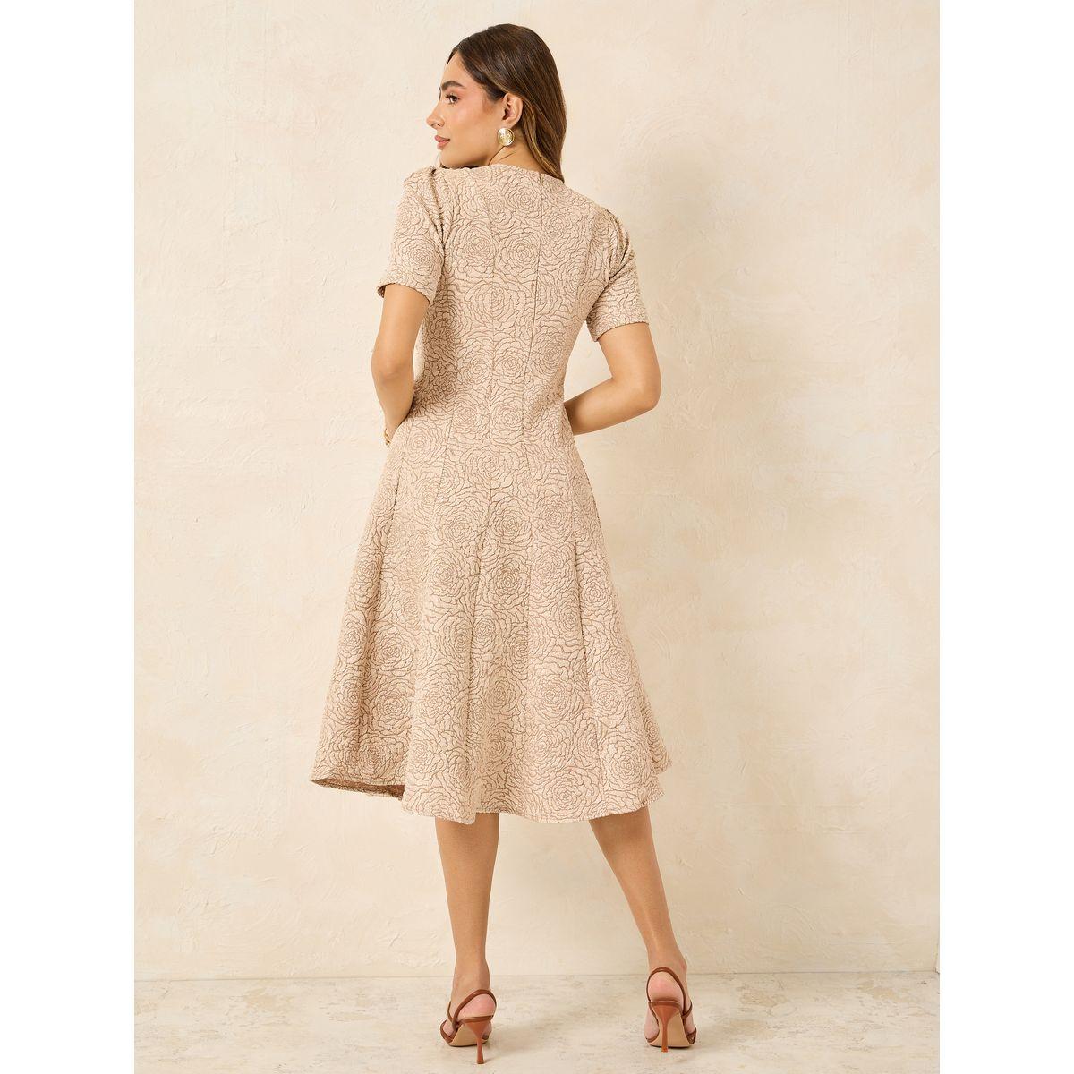 فستان ميدي بنسيج جاكار مع ياقة بشق-women-clothing-dresses-image-4