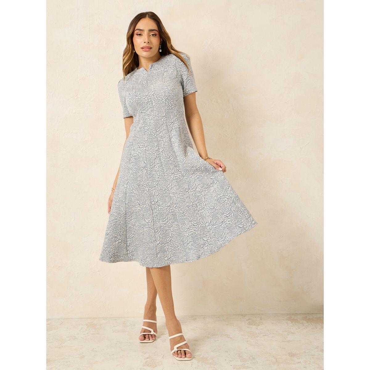 Styli Jacquard Notch Neck A-Line Midi Dress-women-clothing-dresses-image-1