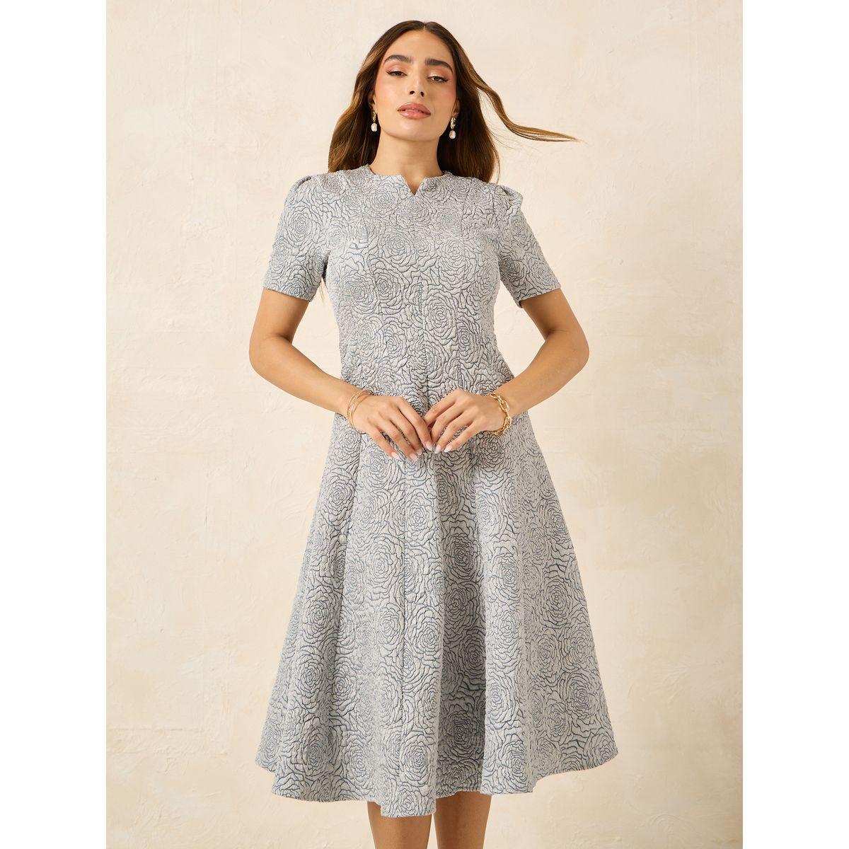 Styli Jacquard Notch Neck A-Line Midi Dress-women-clothing-dresses-image-2