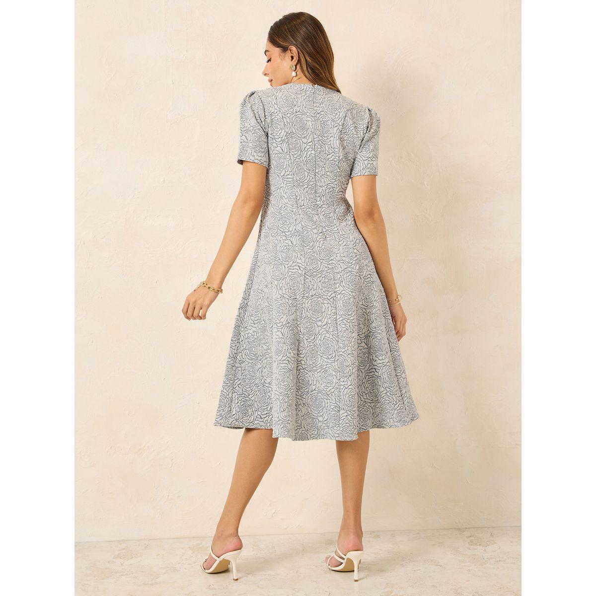 Styli Jacquard Notch Neck A-Line Midi Dress-women-clothing-dresses-image-4