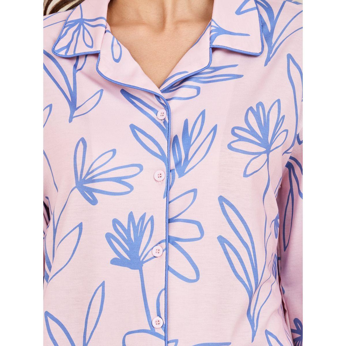 طقم من بنطال بيجاما مع بلوزة بتفاصيل محزوزة-women-clothing-nightwear-pyjamas-longsets-image-4