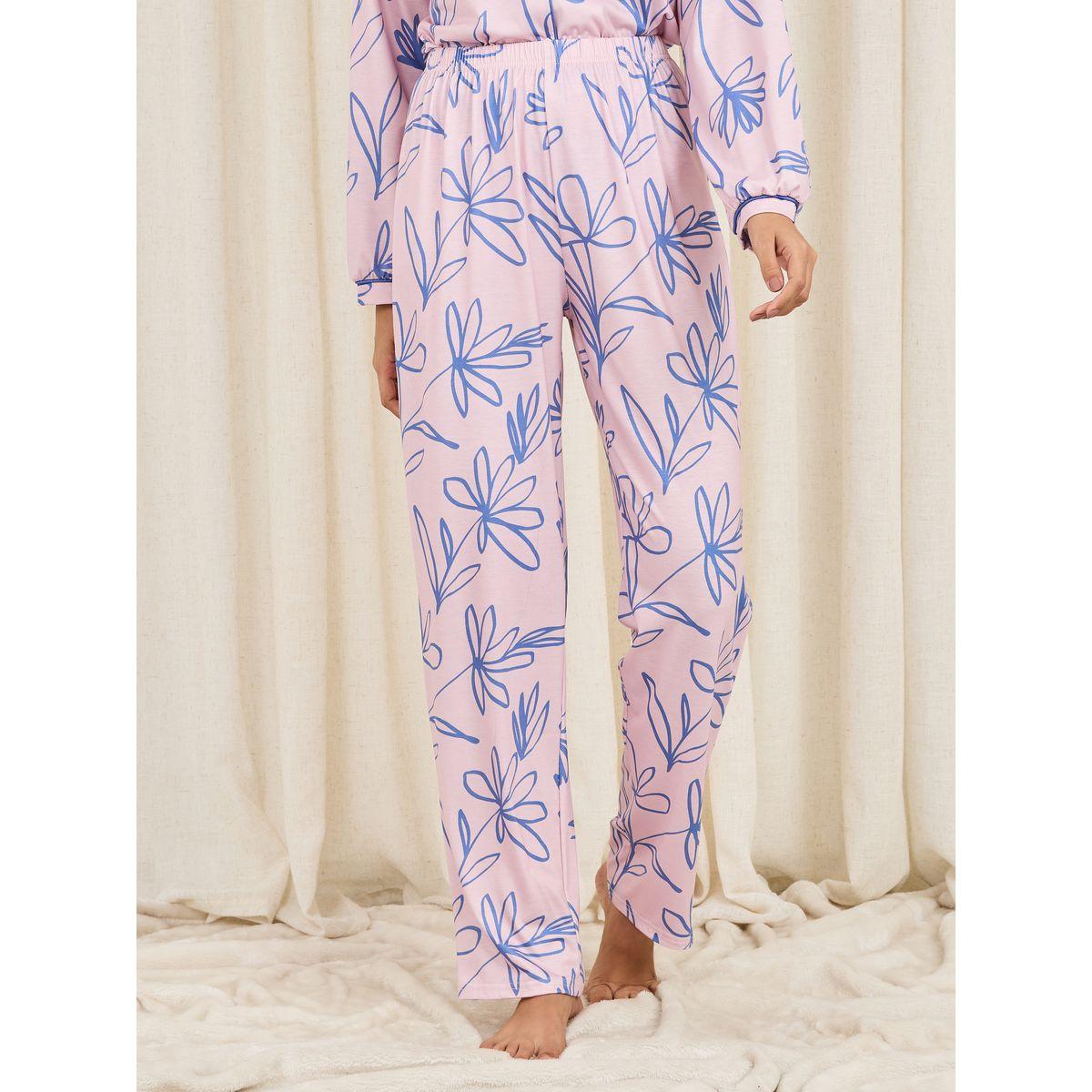 Styli Unwind Floral Sketch Print Piped Detail Shirt and Pyjama Set-women-clothing-nightwear-pyjamas-longsets-image-5