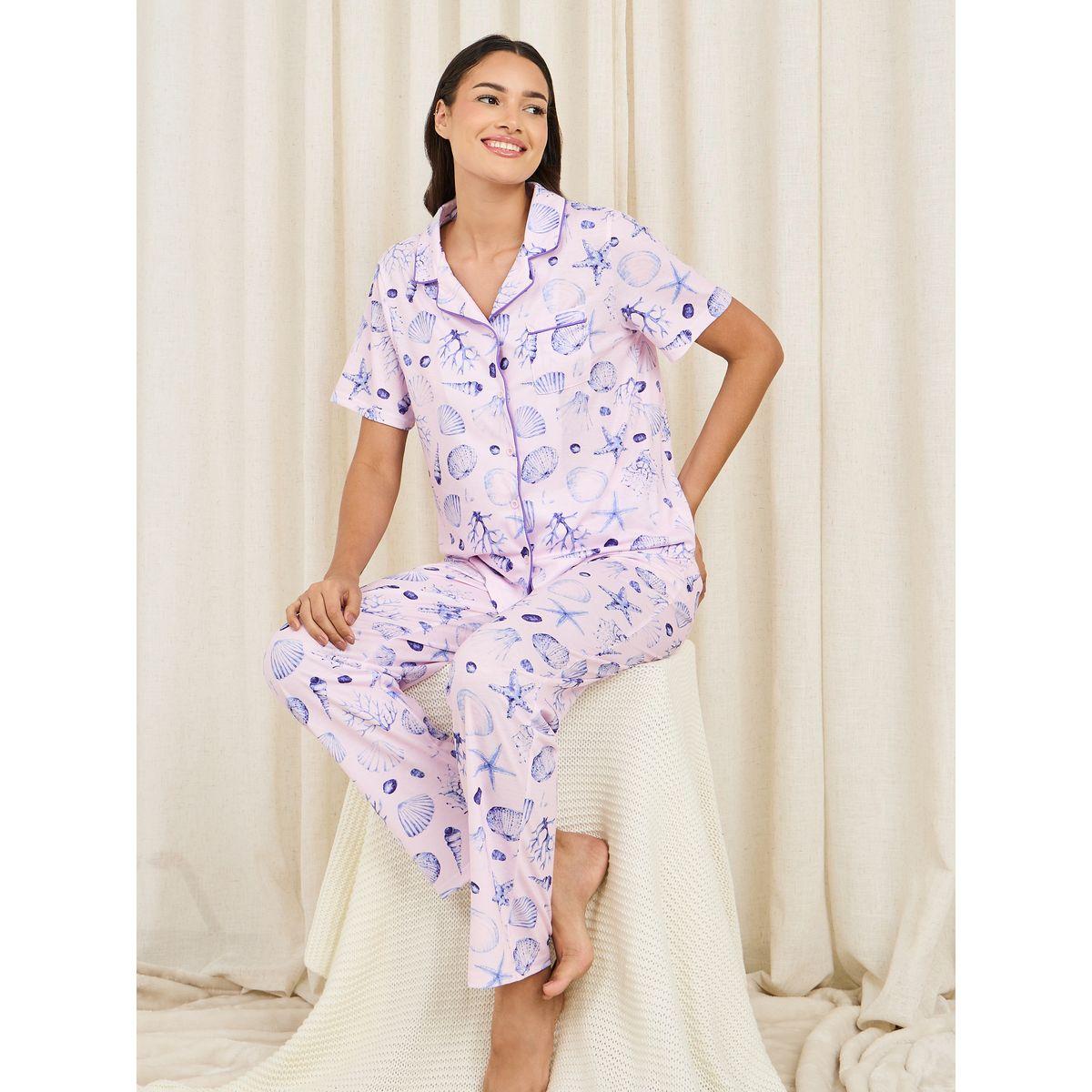 Styli Unwind Shell Print Piped Detail Shirt and Pyjama Set-women-clothing-nightwear-pyjamas-longsets-image-1