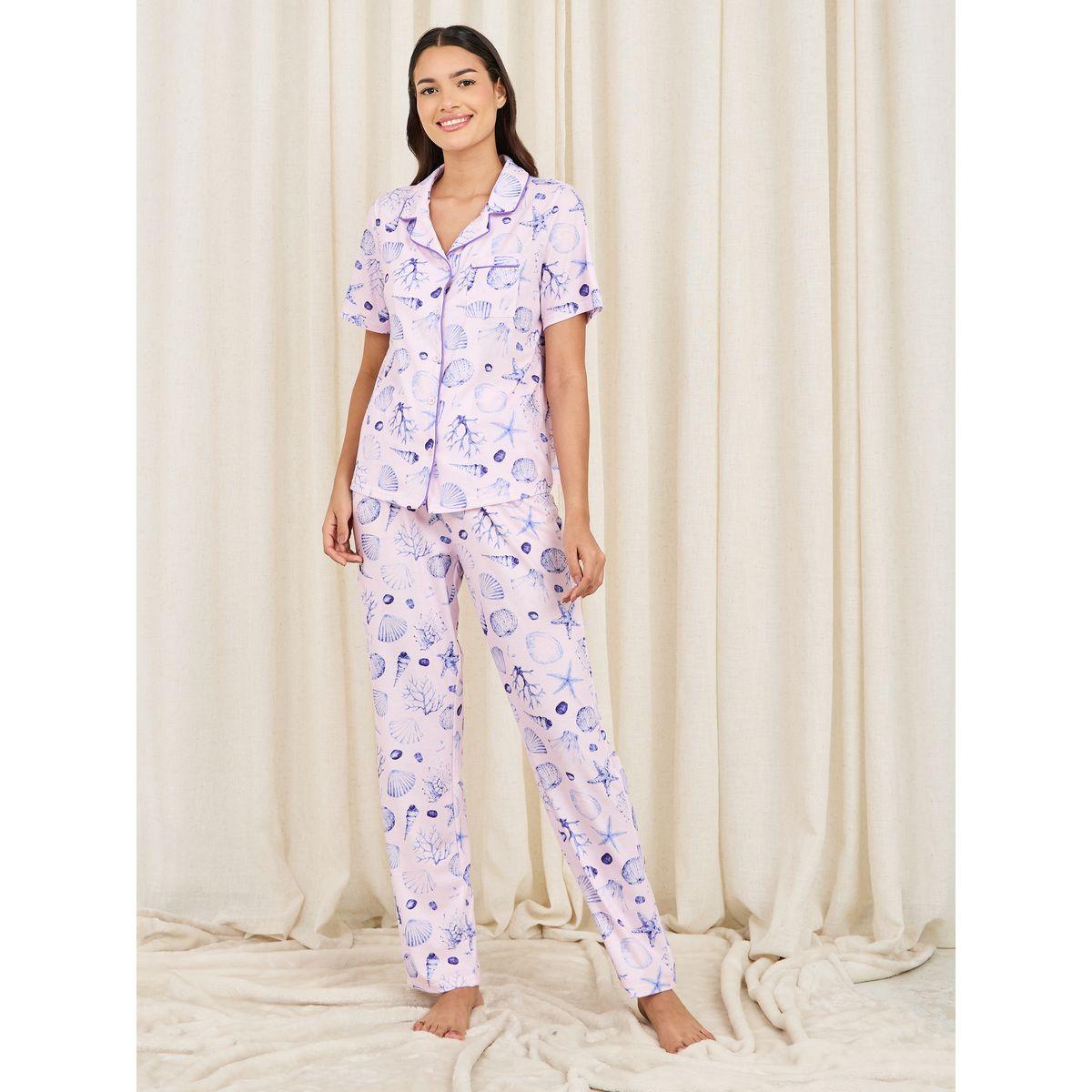 Styli Unwind Shell Print Piped Detail Shirt and Pyjama Set-women-clothing-nightwear-pyjamas-longsets-image-2