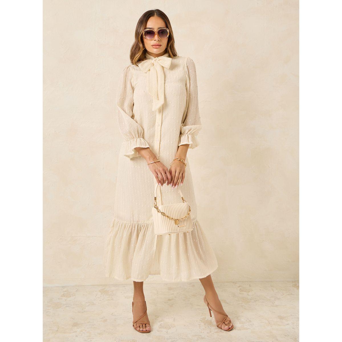 فستان ميدي بحافة كشكش وياقة بأربطة-women-clothing-dresses-image-1