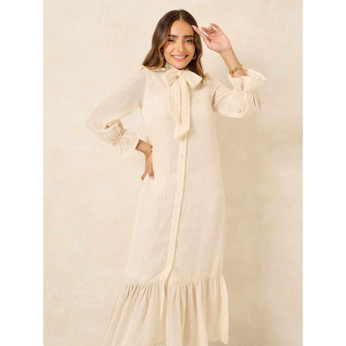 Styli Dobby Tie-Up Neck Ruffle Hem Shift Midi Dress-women-clothing-dresses-image-2