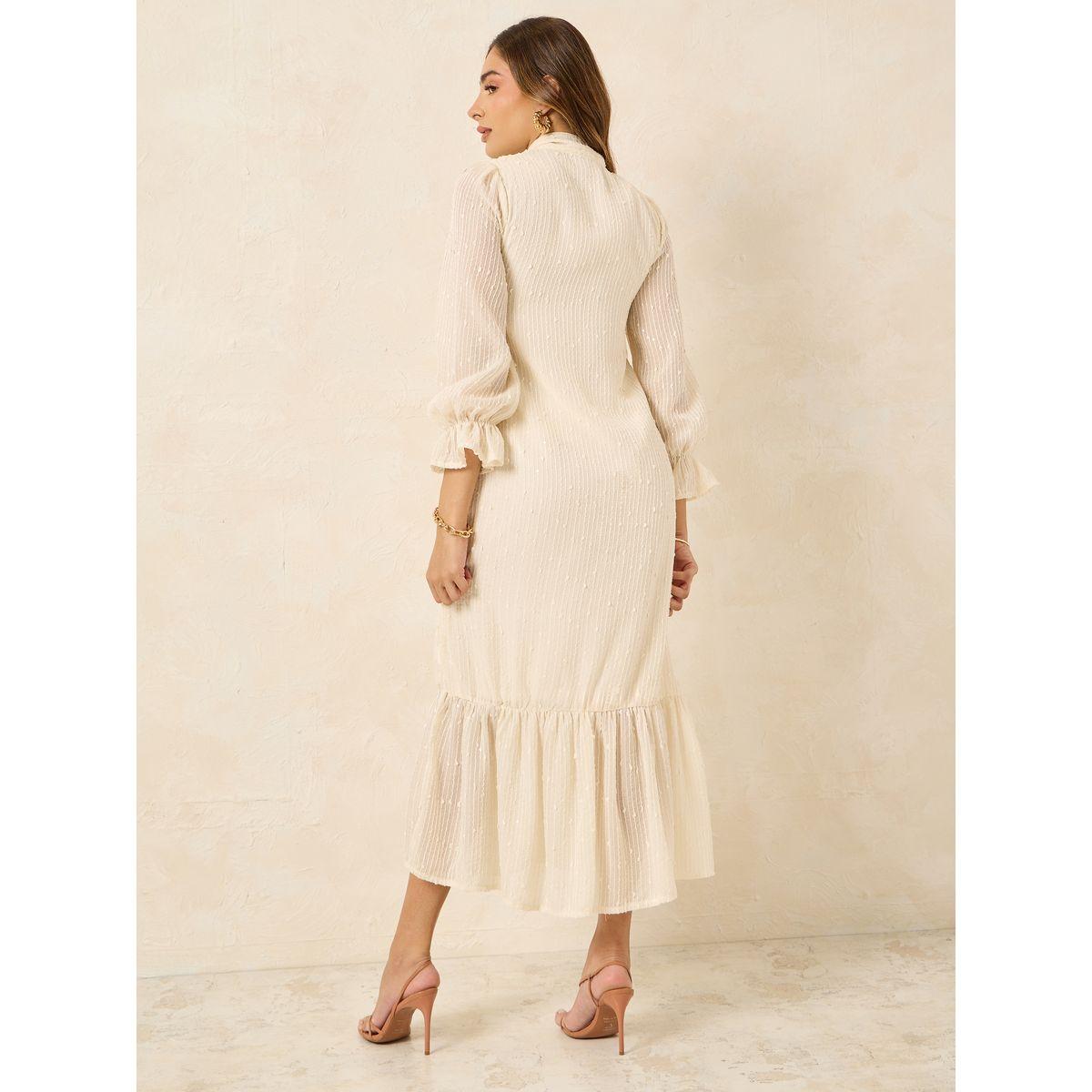Styli Dobby Tie-Up Neck Ruffle Hem Shift Midi Dress-women-clothing-dresses-image-4