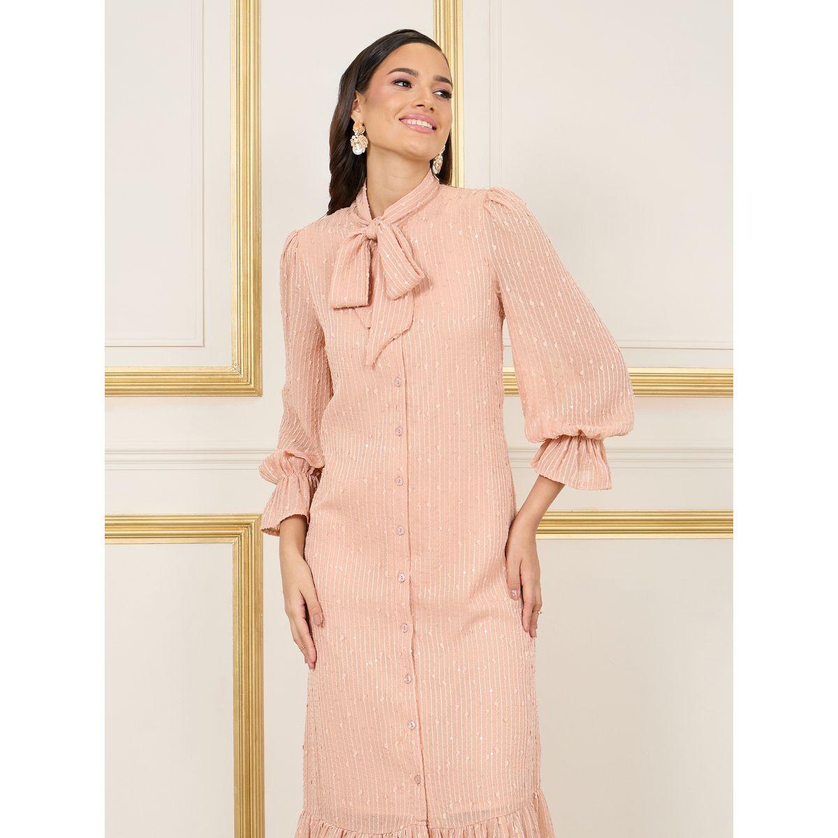 فستان ميدي بتفاصيل كشكش مع ياقة بأربطة-women-clothing-dresses-image-2