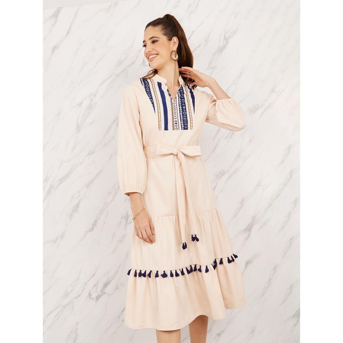 Styli Bohemian Print Tassel Detail Tiered Midi Dress with Self Tie Up-women-clothing-dresses-image-2