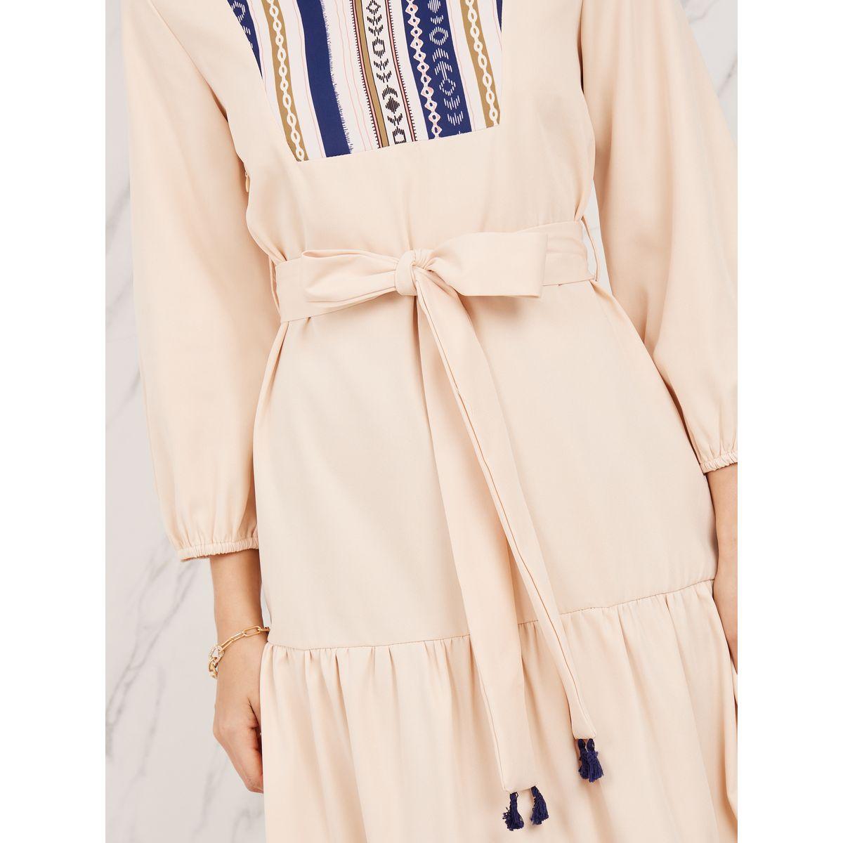 Styli Bohemian Print Tassel Detail Tiered Midi Dress with Self Tie Up-women-clothing-dresses-image-3